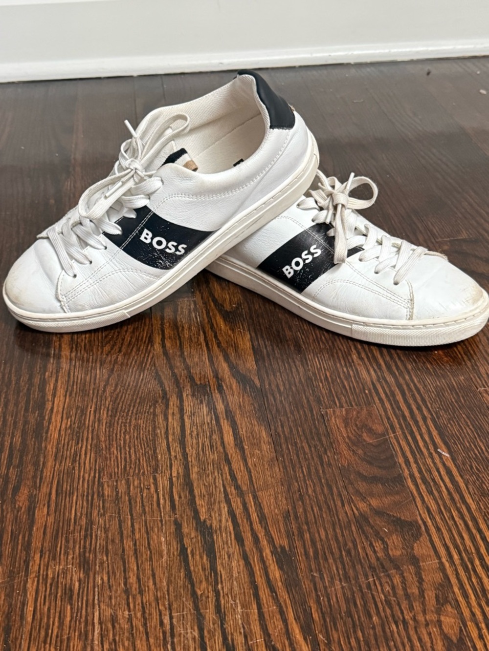BOSS White Sneakers with Black Stripe Logo